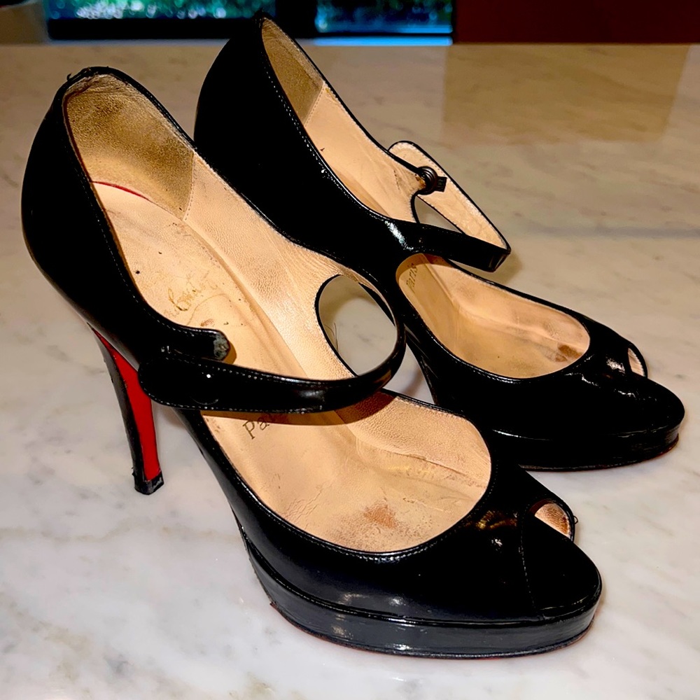 Louboutin black patent Mary Jane heels 37